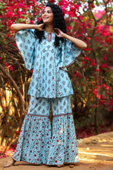 Blue Cambric Floral Print Tunic Sharara Set With Mask